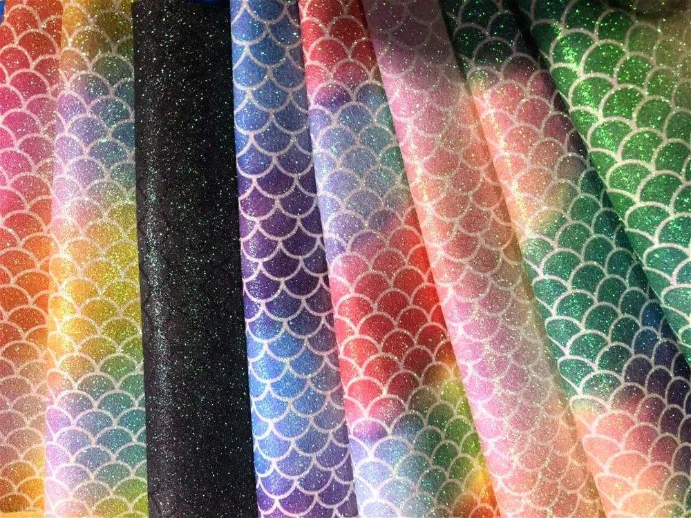 2018 new design pu leather material with rainbow mermaid glitter fabric