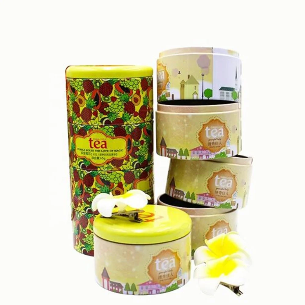 Promotional 3 Layers Round Metal Tea Tins Canister Decorative Round Stackable Tea Tins Box Packaging
