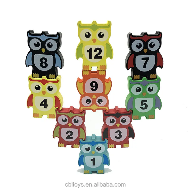 wooden building blocks bricks stacking owl balance educational game cute owl with numbers for kis CBL3087