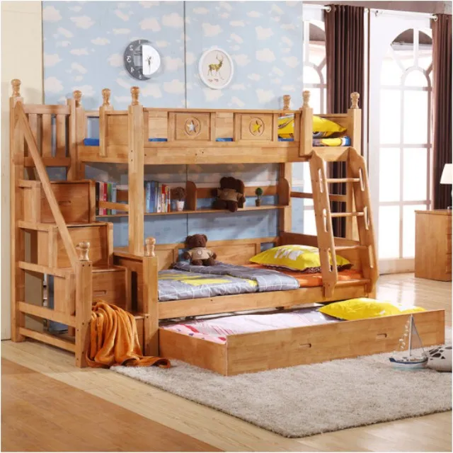 Rustic Style Kids Solid Wood Bunk Beds with Bookshelf High Quality Children Furniture Sets