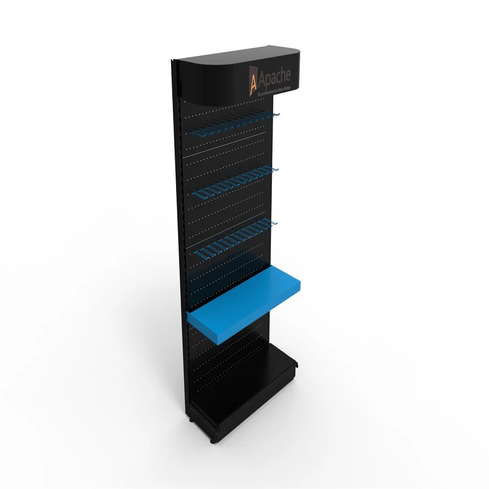 Customized logo pegboard tools display stand with led lighting header for hardware store