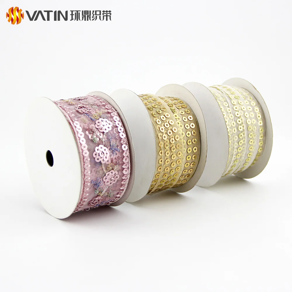 
Mesh Laces Custom Promotional New Design Gift Glitter Sequin Organza Ribbons 