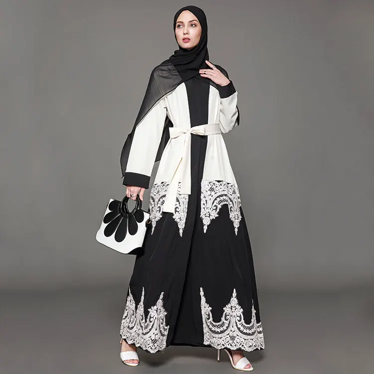 Hot sale China factory stylish design front open lace muslim wear abaya coat dubai