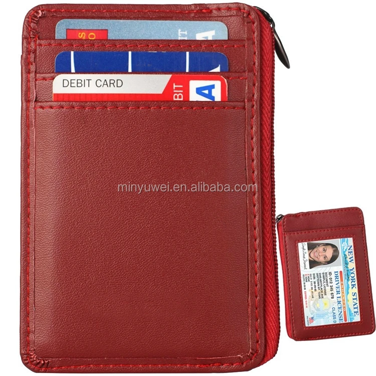 RFID Blocking Sleeves Front Pocket Leather Wallet for Women and Men Mini Card Holder with Zipper and ID Window Genuine Leather