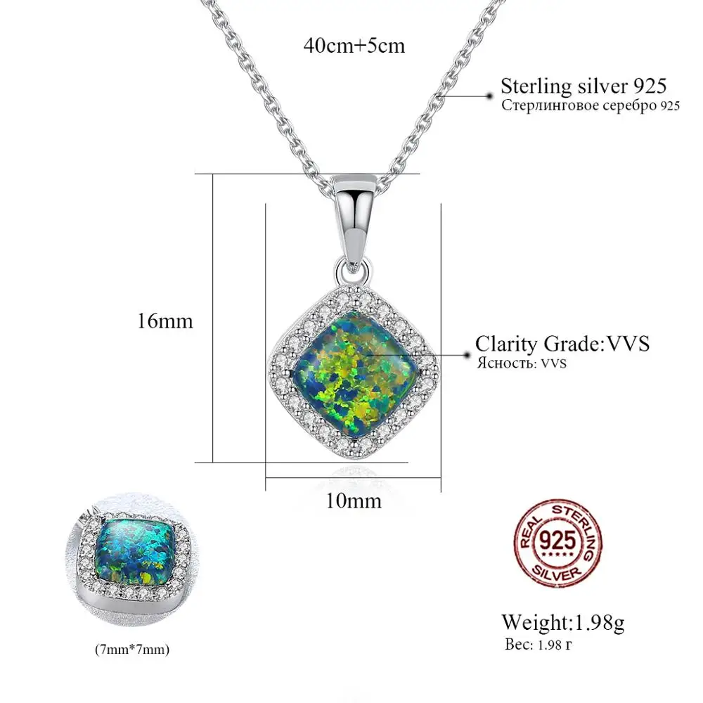 CZCITY Square Custom Diamond Chain Pendant Jewelry Dainty 925 Silver Good Quality Opal Necklace