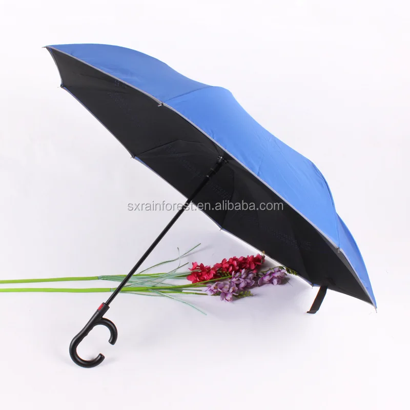 Double Layer C Handle Automatic Folding Inverted Umbrella with Reflective Strip