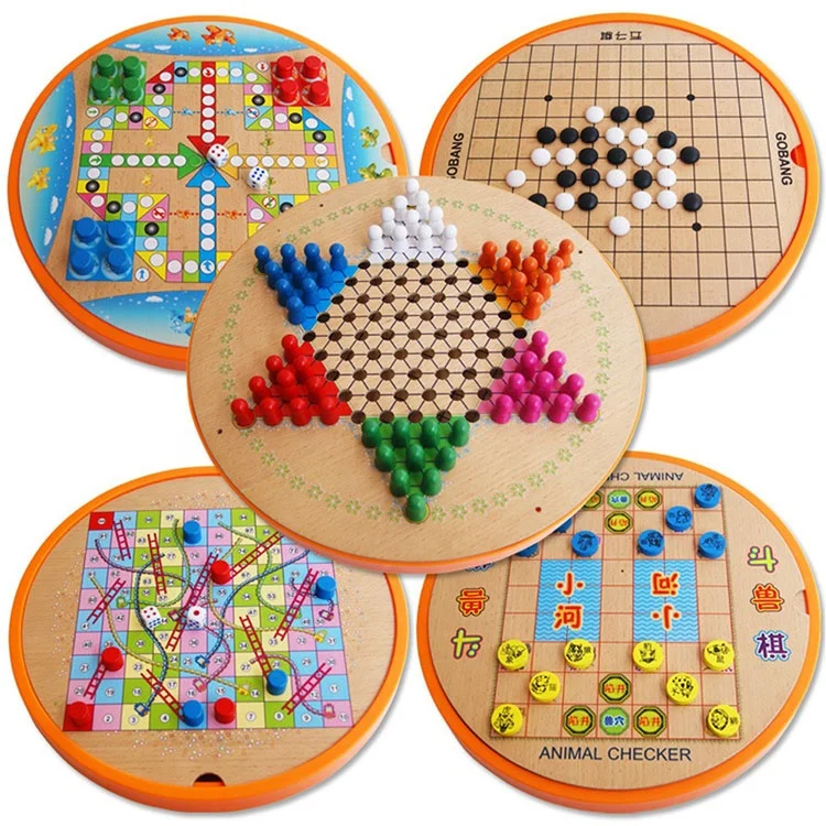 Wholesale Customization 5 in 1 Round Wooden Aeroplane Checkers Chess Board Multi Game Chess