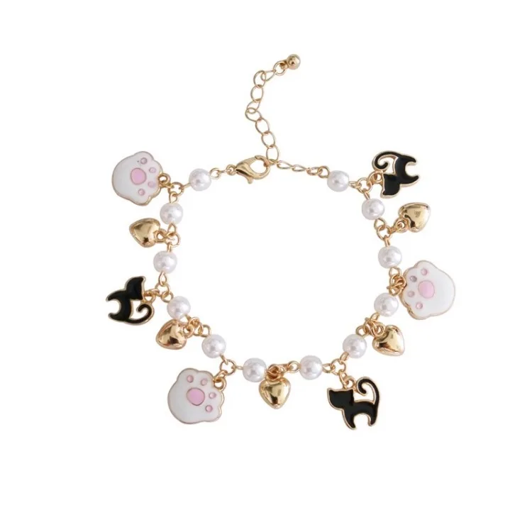 Multi Styles Available Fancy Gold Hand Chain Pearl Cat Charm Bracelet Design Women Girls