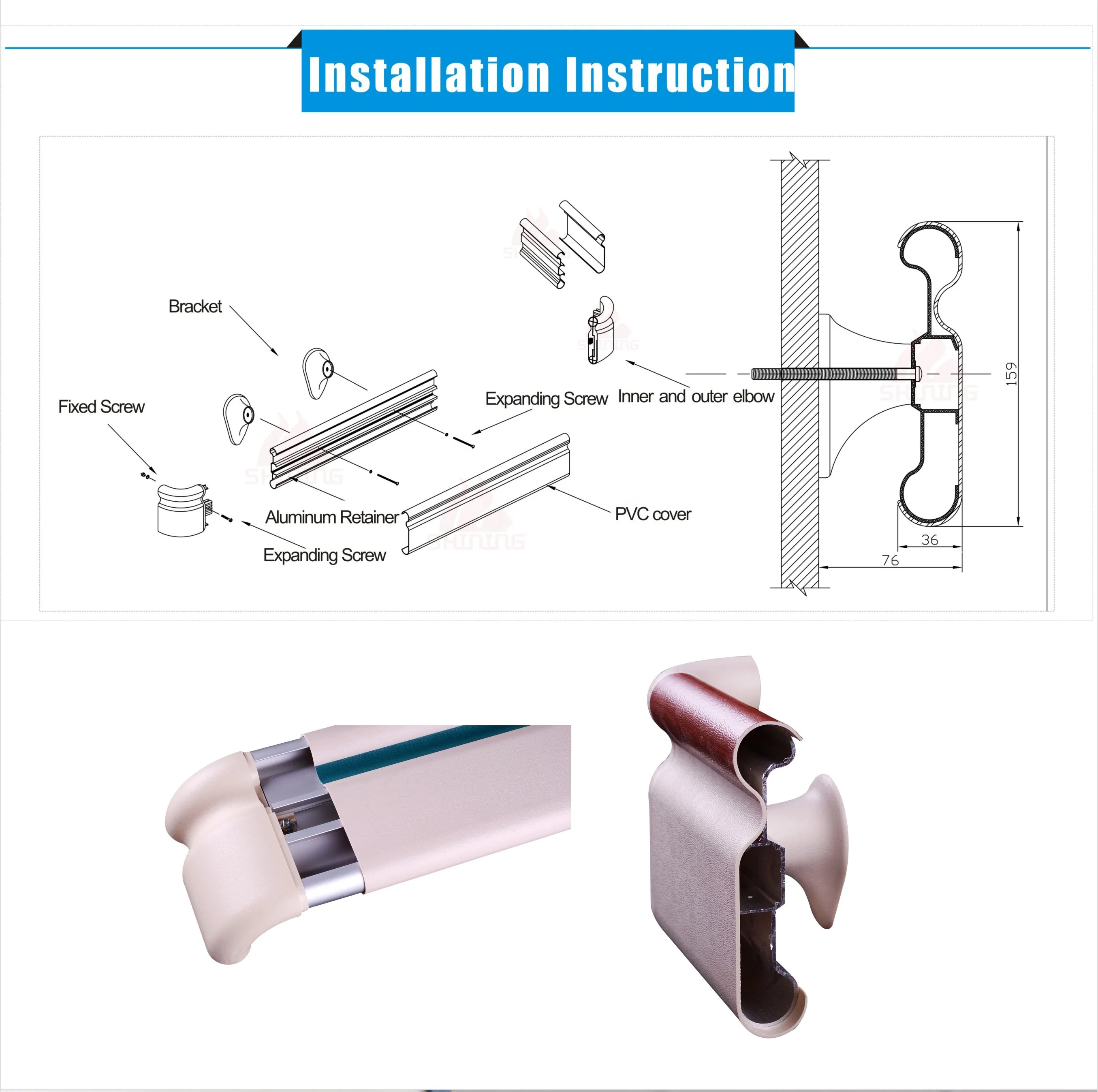 Hospital Wall Mounted PVC Plastic Handrail disabled vinyl plastic Corridor balustrade aluminium  hospital handrail