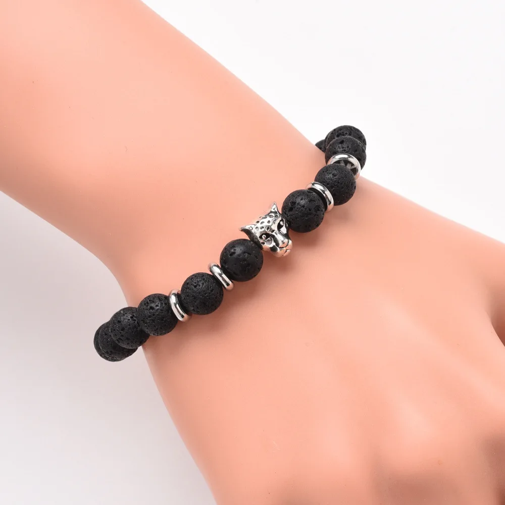 Lava Stone Meditation Power Bracelet Silver Lion Head Owl Leopard Spiderman Matte Pearl Natural Stone Bracelet.