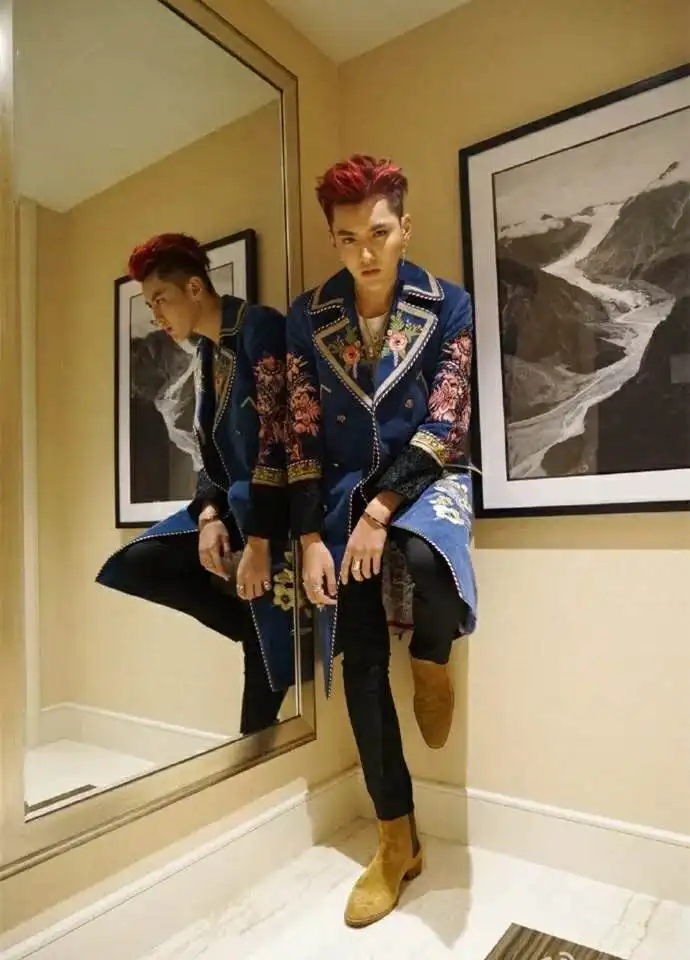 Wu Yifan Новогодняя концертная индивидуальная одежда для выступлений в стиле Звезд длинное пальто с вышивкой в Корейском стиле