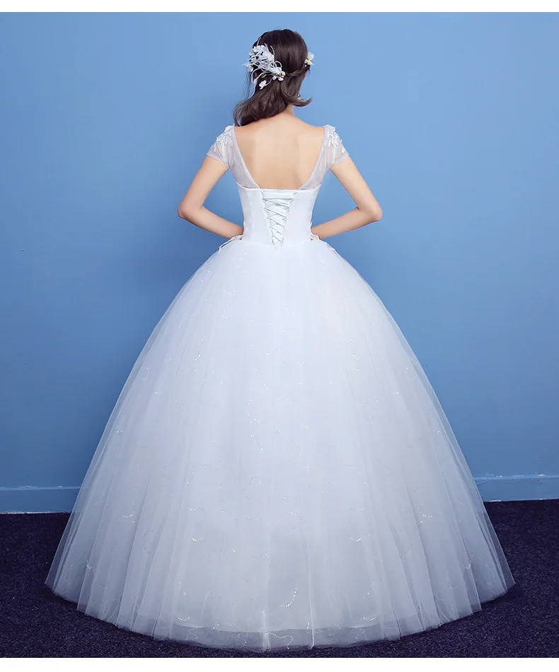 2017 Korea style Cheap Wedding Gown with short Sleeve Pink flower Lace Bridal Dresses