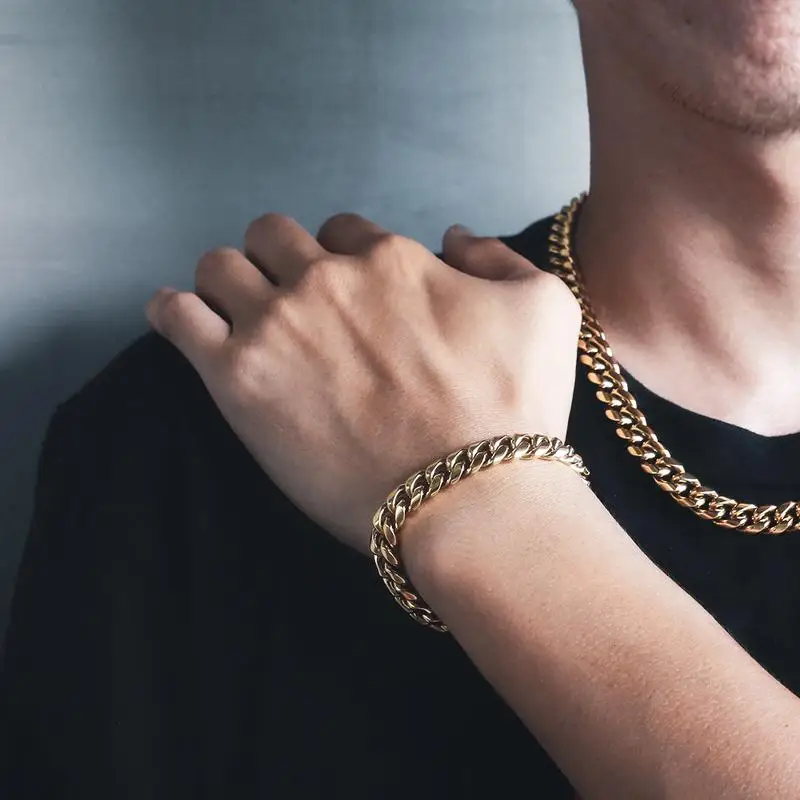 
KRKC&CO 10mm Men Hip Hop Set 18K Gold Plated 28inch Stainless Steel Cuban Link Chain and 8.5inch Miami Link Bracelet Set 
