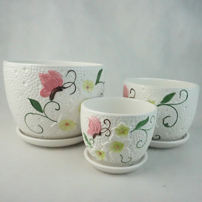 Set of 3 Small to Medium Sized Round Modern Ceramic Garden Flower Pots White Plant Pot Ceramic