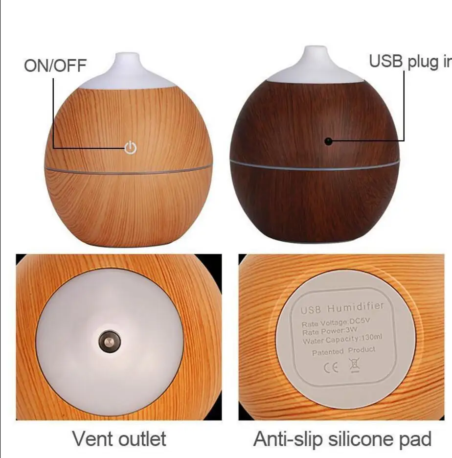 
130ML Bottle Small Spray Area Wooden Grain Mini USB Humidifier Office Use USB Diffuser Essential Oil With 7 LED Lights Changed 