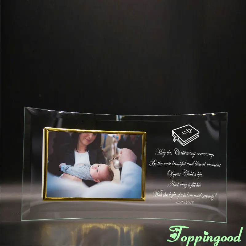 Custom Engrave Glass Baby Photo Frame For Christening Day Souvenir