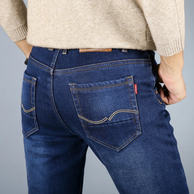 Осенне-зимние мужские эластичные джинсы с ворсом мужская одежда утолщенные плюшевые зимние теплые брюки с поясом прямые облегающие бархатные