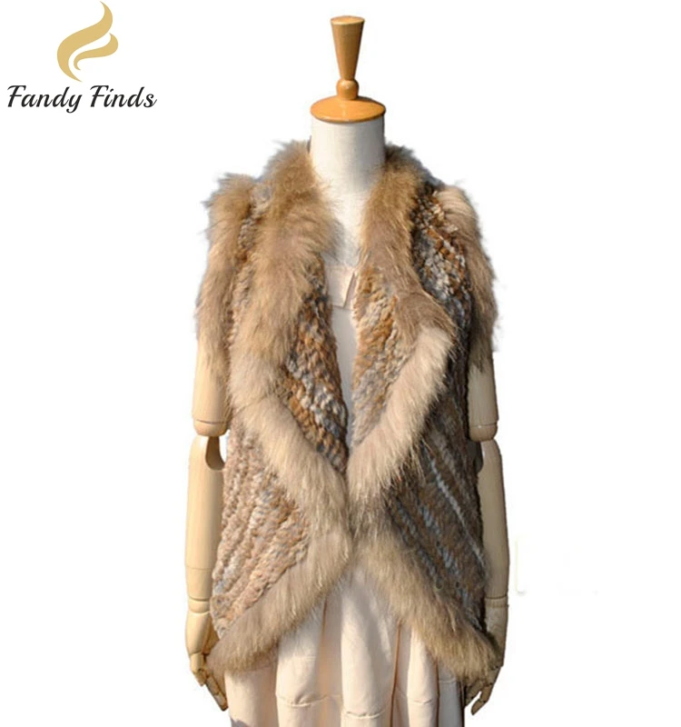 High Quality Natural Knitted Rabbit Fur Vest with Raccoon Fur Vest Cardigan (60775431175)