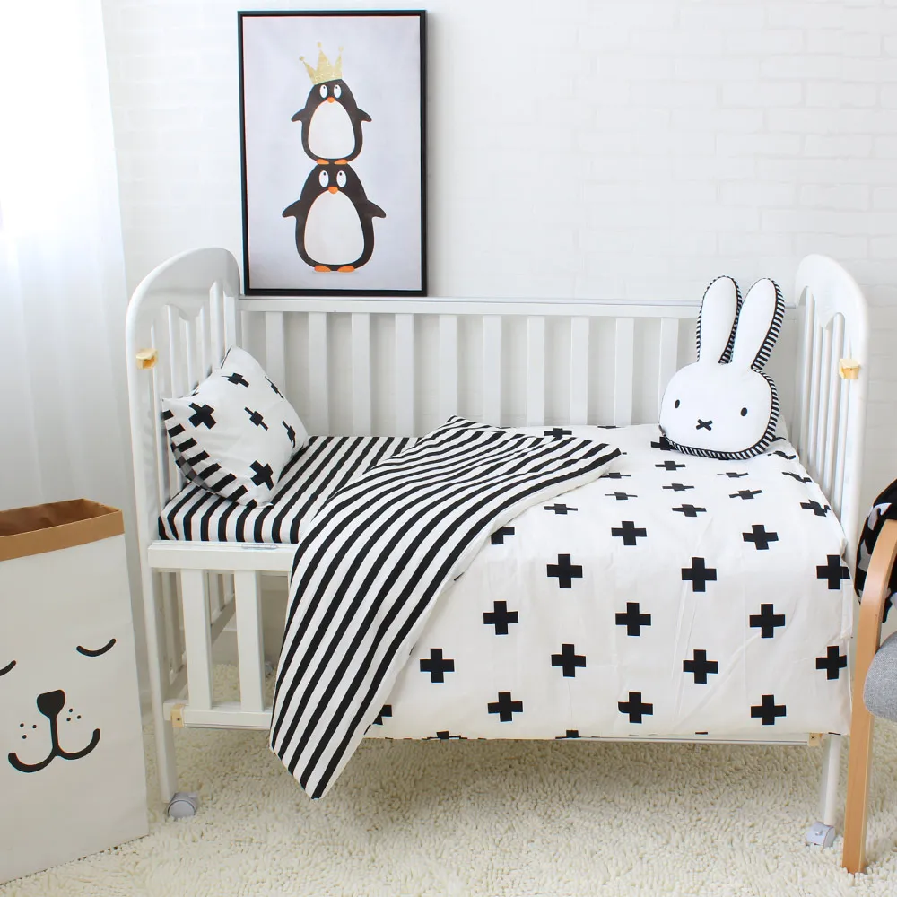 Plain color organic 100% cotton soft boy girl crib baby blanket quilt pillow cover 3 piece cot bedding set