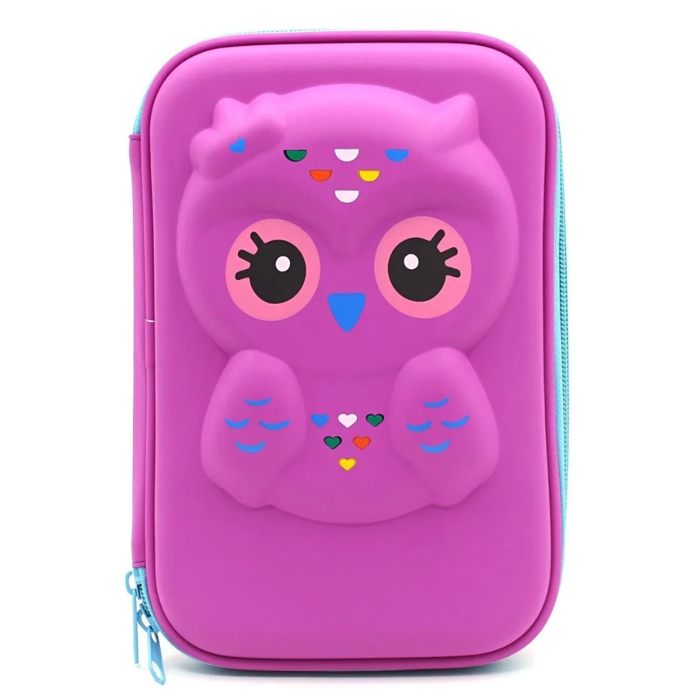 Cute Owl Face Hardtop EVA Pencil Case Big Pencil Box With Compartment For Kids (Purple)