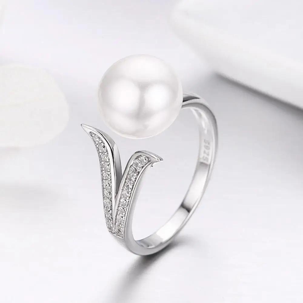 
BAGREER SCR248 New Fashion Designs Big Bead Pearl Opening Ring Pure Silver 925 CZ Stone Simple Adjustable Ring Women 