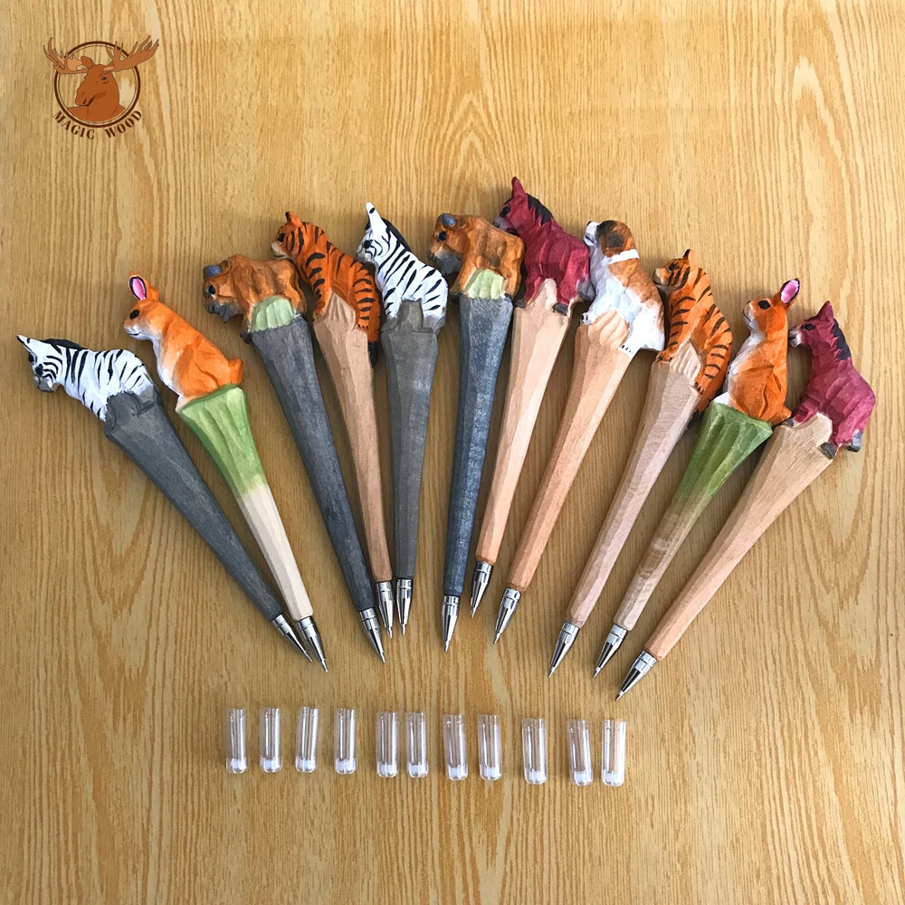 
wooden pen hand made carved animal pen wholesale wood carving handicraft gift creative stationery 