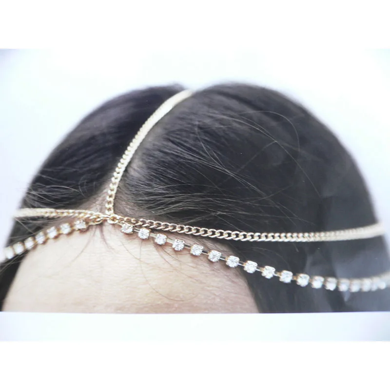 Minimalist Women Hair Accessories Color Gold Color layered Rhinestone Thin Head Chains Harness Wedding Tiaras Jewelry Headdress