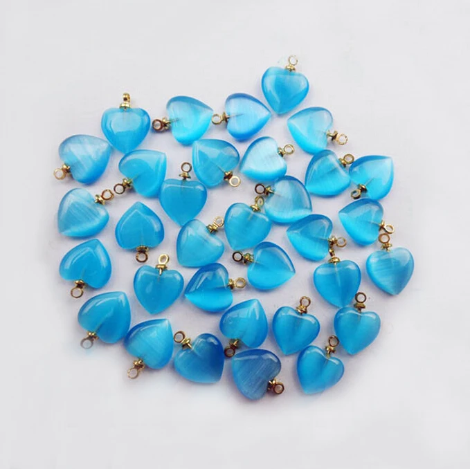 Beautiful Blue Cat Eye Stone Heart Charm, Blue Heart Shaped Natural Stone Beads Charm Pendant