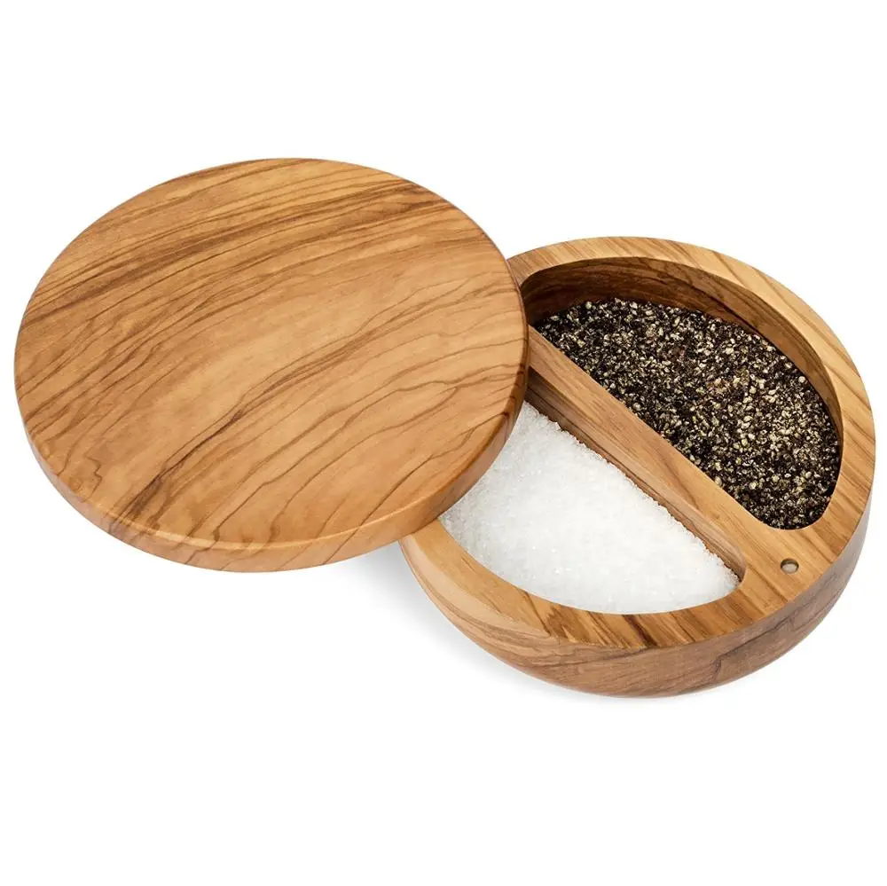 Simply Bamboo Wooden Round 2-Compartment Salt Box Removable, Rotating, Magnetic Top
