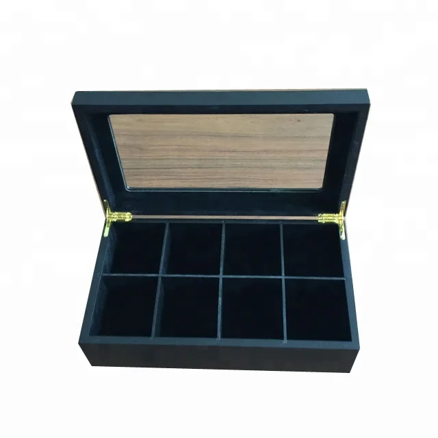 matte black lacquer finish 8 compartments wooden tea bags display box with glass lid