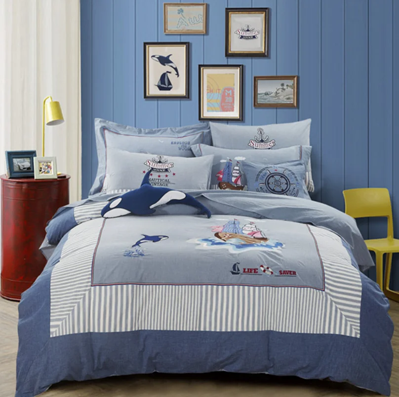 
Lovely Cartoon design with Embroidery Bear, Kids Twin Bedding Duvet Cover Sets, Cotton 100 Percent for baby crib 