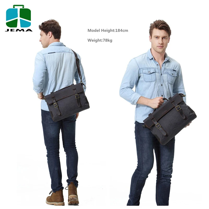 Casual Leather Canvas Messenger Bag men for 14 inch Laptop