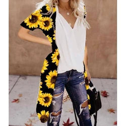 Hot Sale Sunflower Print Short Sleeve Women Kimono Cardigan