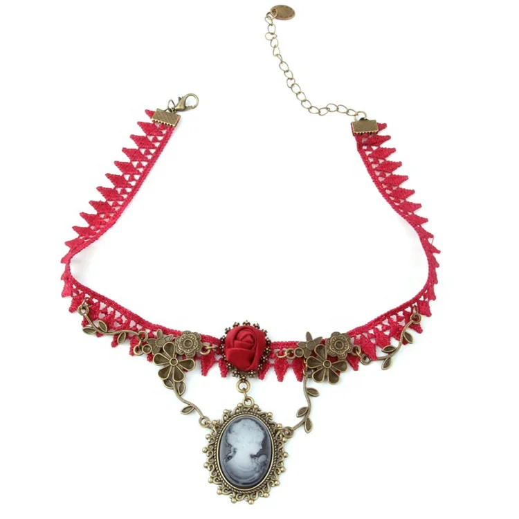 Red Rose Accessory Beauty Head Pendant Vintage Choker Necklace