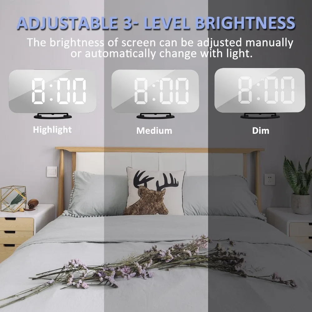 Smart LED Digit Light Large Mirror LCD Screen Digital Table Alarm Clock with Dual USB Charger -Wall hanging or free standing