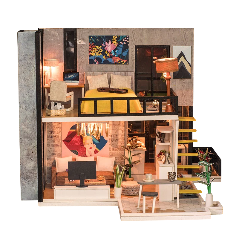IIECREATE DIY Miniature House Kit for Kids LED Light Cardboard Dolls House with Wood Furniture 3D Accessories Set Model Building