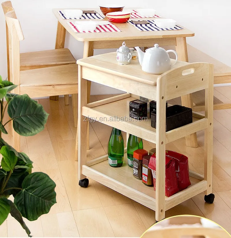 Solid wooden kitchen vegetable trolley cart with wheels