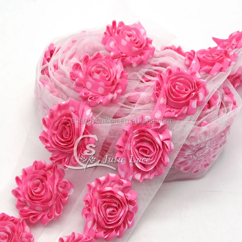 
Wholesale decorative Shabby Flower trim By The Yards , Rosette Chiffon Fabric Flowers in printed polka-dots color 