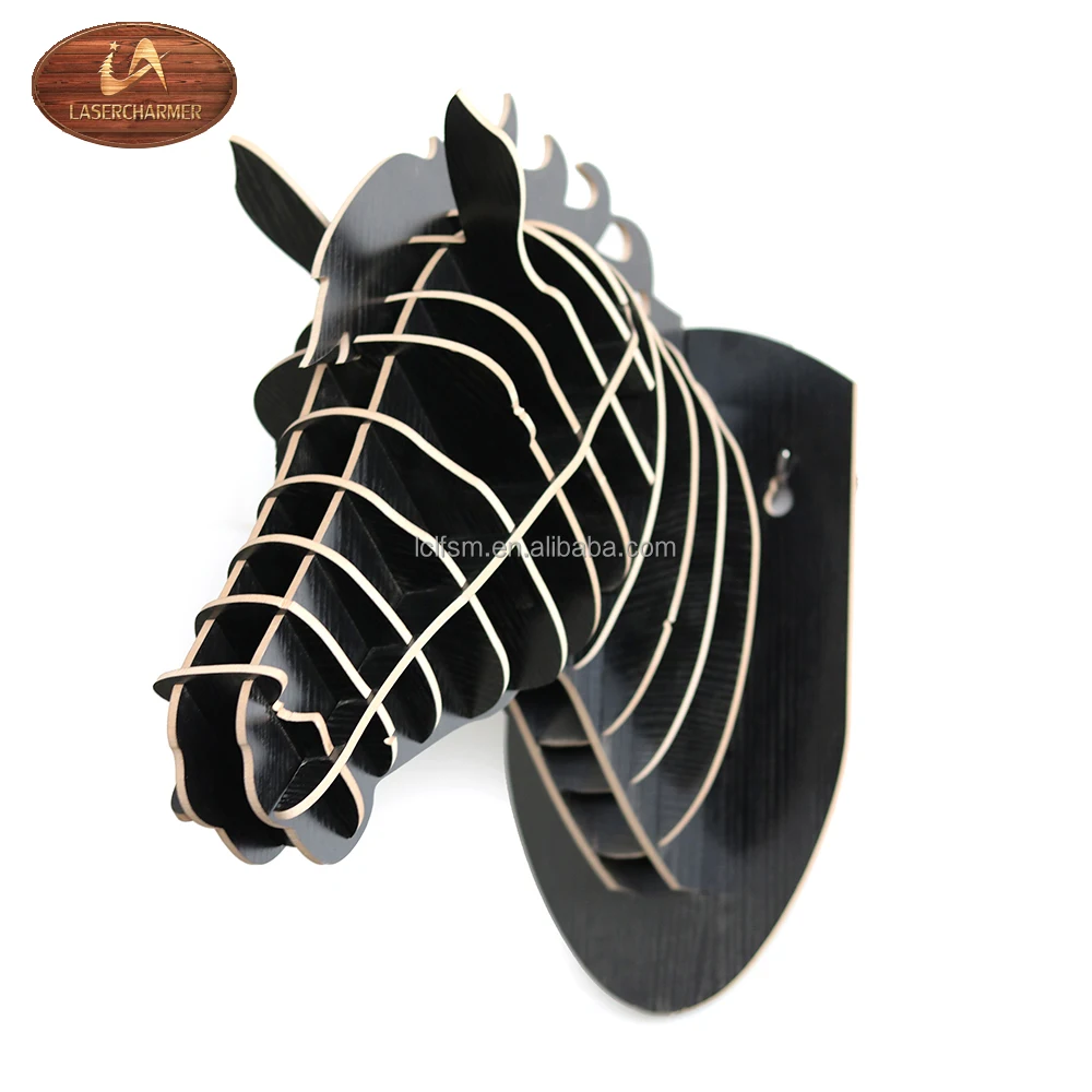DIY 3D animal head display laser cut wooden crafts wall hanging decorative wood carving wood decoration horse head