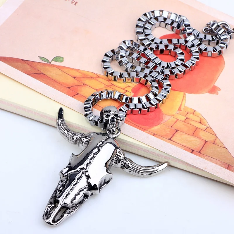 Vintage Mens Metal Chains Alloy Skull & Cow Head Pendant Necklace