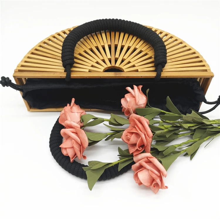 
Ins hot sale bamboo tote bag women beach shoulder half moon wood bamboo rattan handmade weave hollow out clutchbag 