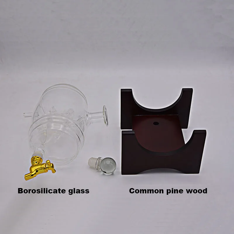 1000ML Dispenser for Liquor High Borosilicate Glass Barrel Decanter with Wood Stand