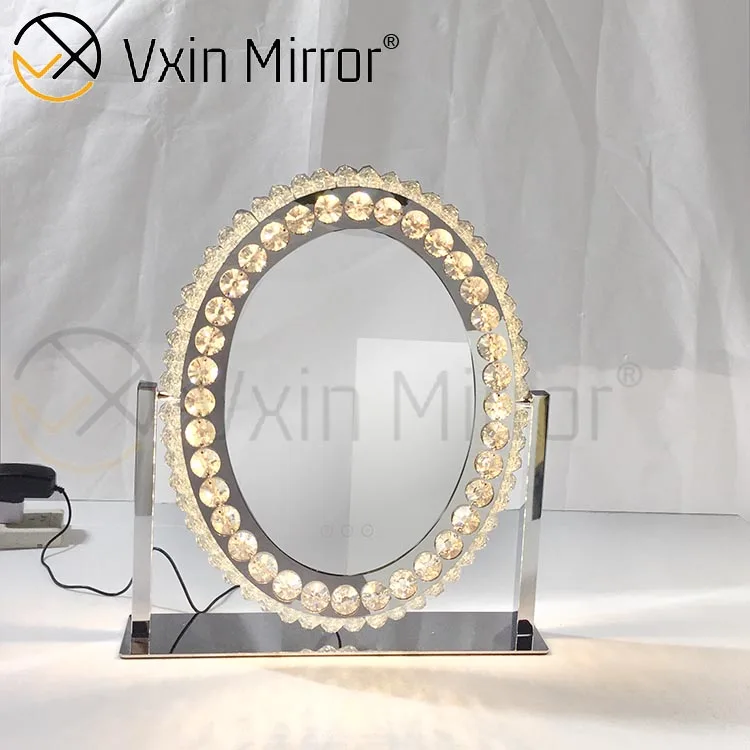 Oval Decorative Diamond Crystal Dimmable Touch Hollywood Table Top Vanity Mirror