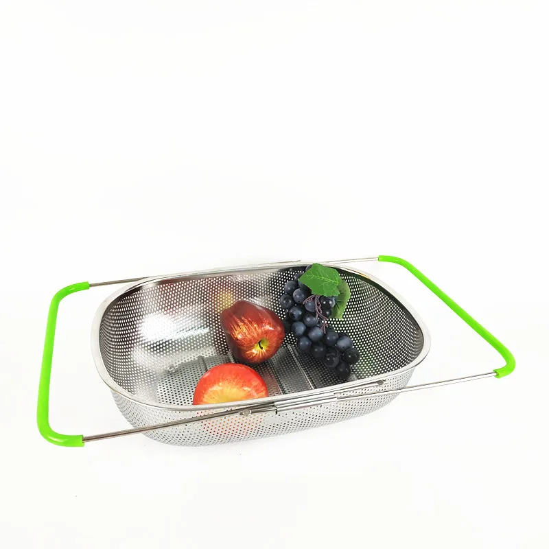 Kitchen Over The Sink Stainless Steel Oval Colander 6 Quart collapsible Strainer fruit washing Basket with Expandable Handles