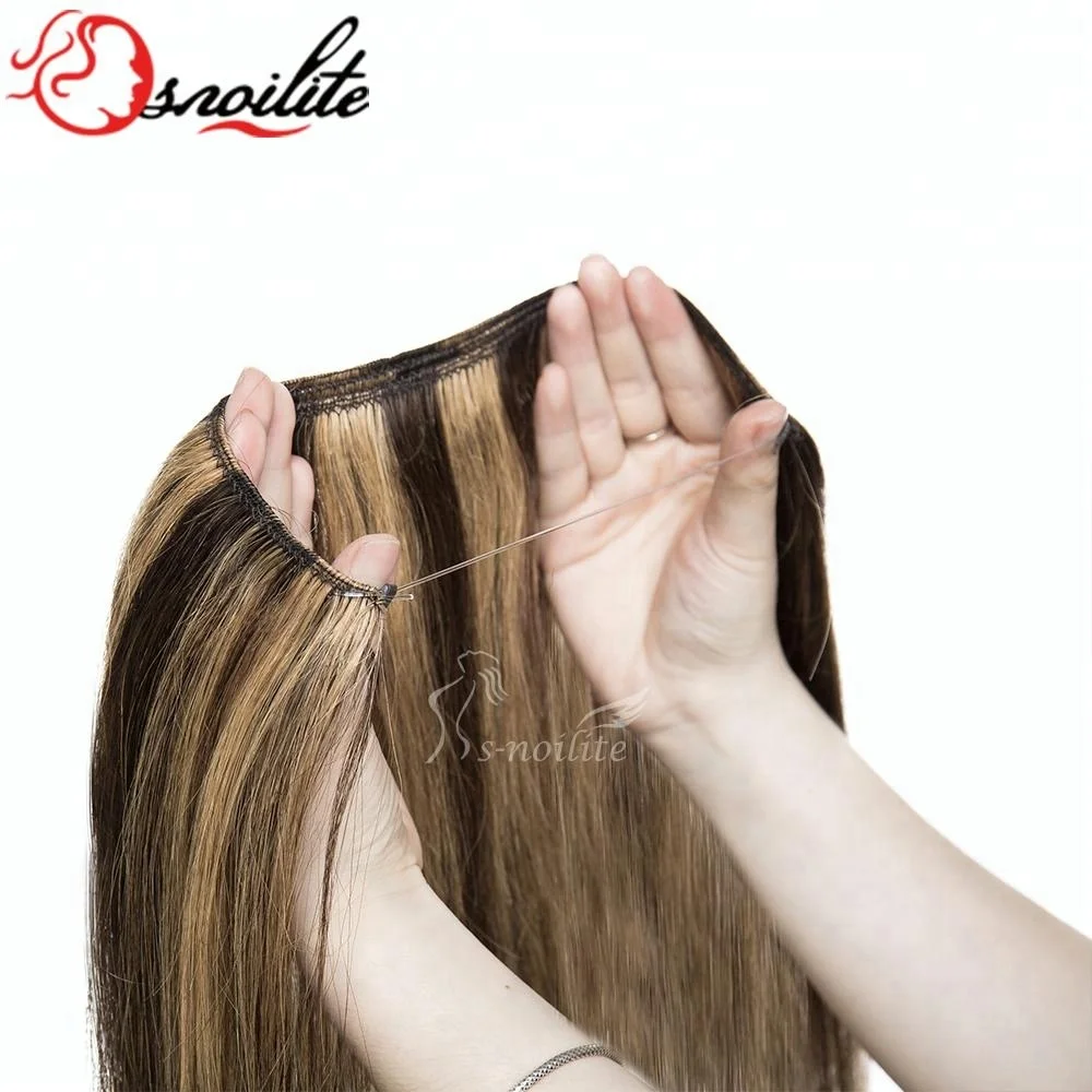 Dark brown Highlight Ash blonde Durable Hidden fish line wire brazilian remy hair hot sale