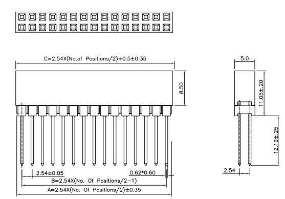 Двухрядный Штабелируемый гнездовой разъем с длинными ножками для PC104, 2,54 мм, 2x10, 20 контактов