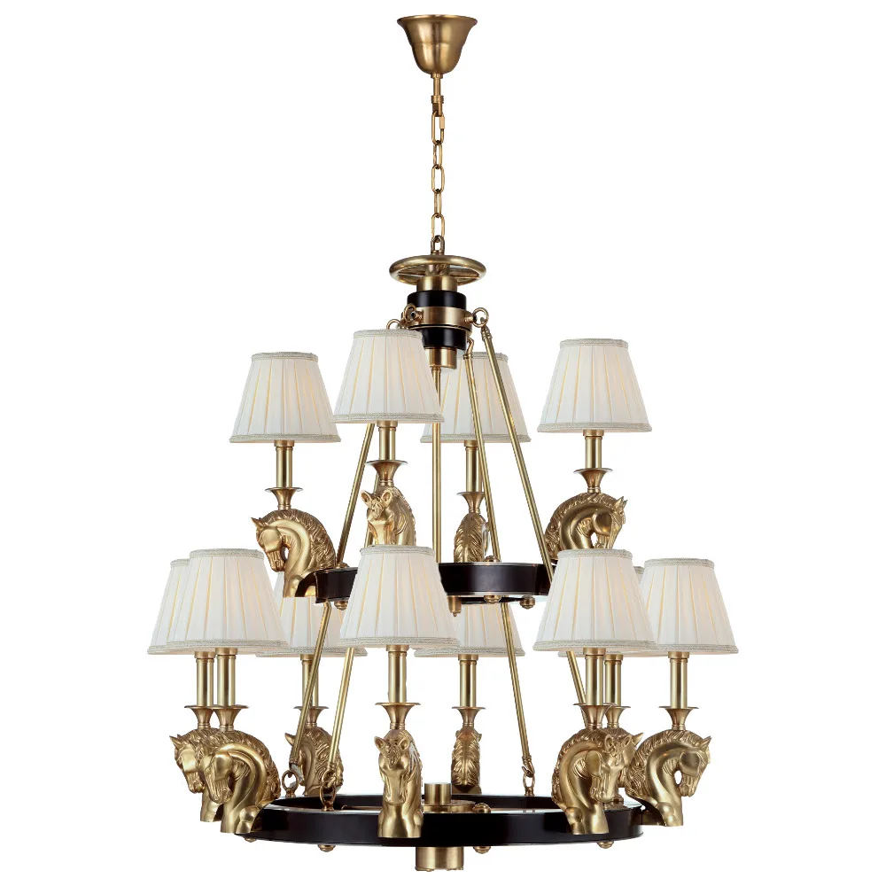 Vintage Indoor 12 Light Industrial Brass Horse Metal Black Chandelier for High Ceiling Living Room