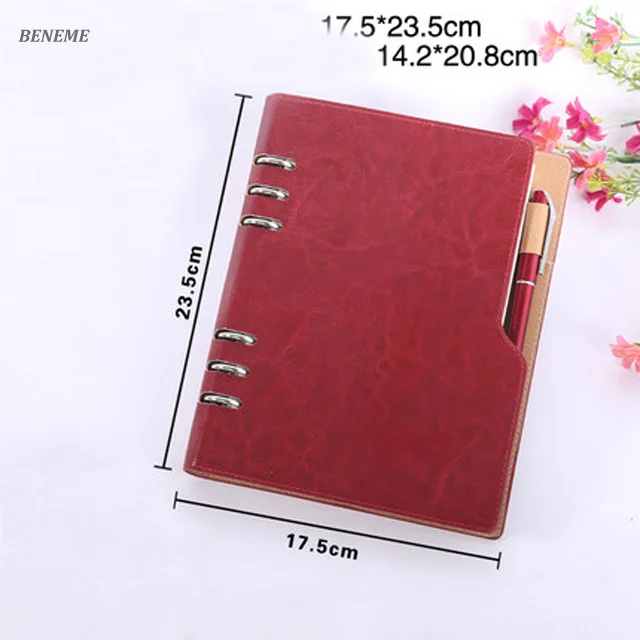 Luxury PU Cover Refillable Custom Ring Binder A5 Loose Leaf Leather Journal Diray Notebook with Pen Insert Position