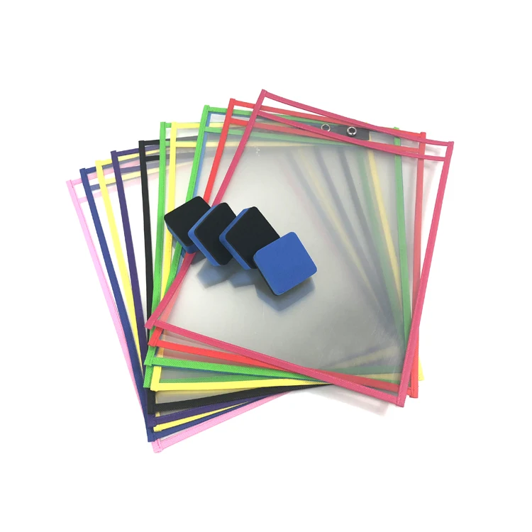 
Easy Wipe Dry Erase Pocket Sleeves Assorted Colors With Whiteboard Dry Erase Erasers And Markers 
