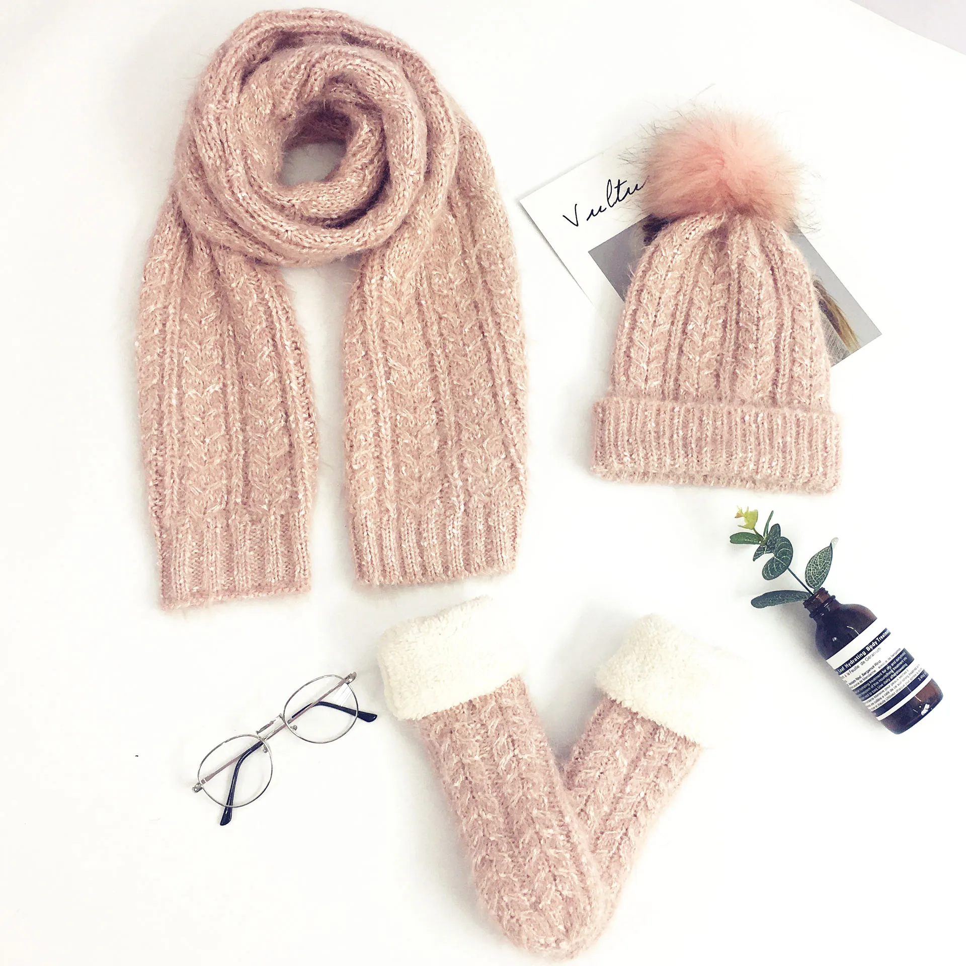 Factory Wholesale  Winter Warm Hat and Scarf Mittens Sets Pom Poms Knitted Beanie Hats Gloves